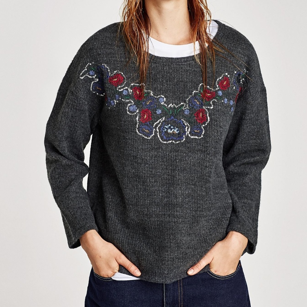 ZARA Floral embroidered knit sweater.